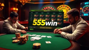 Experience thrilling gameplay at 555win's elegant online casino with poker chips and vibrant roulette wheels.