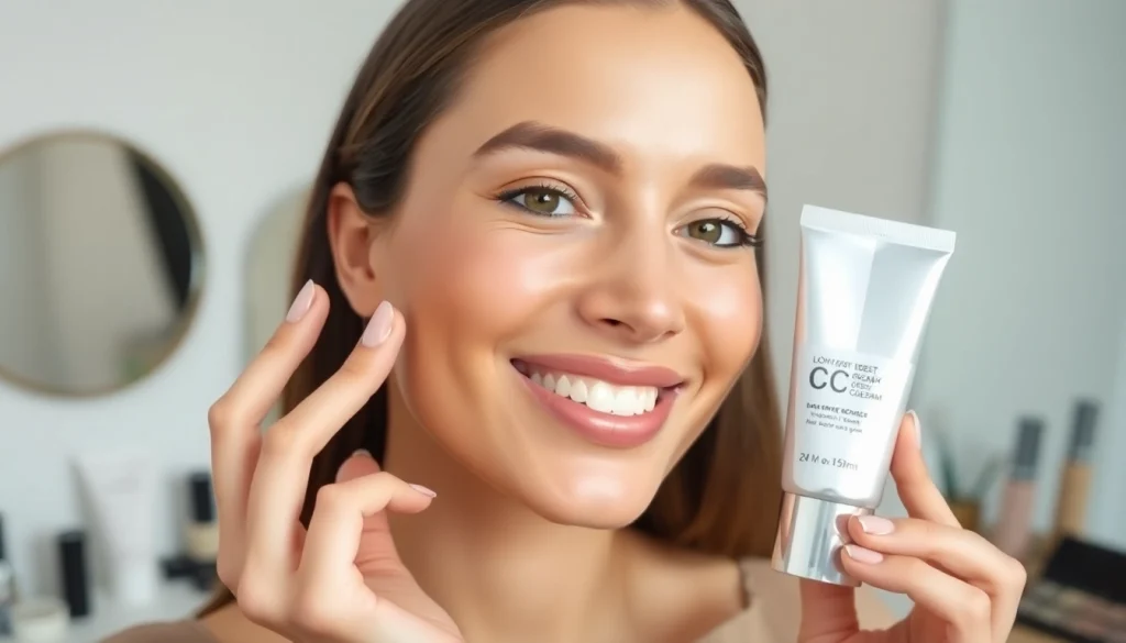 Model applying the best CC cream for oily skin, showcasing a flawless matte finish.