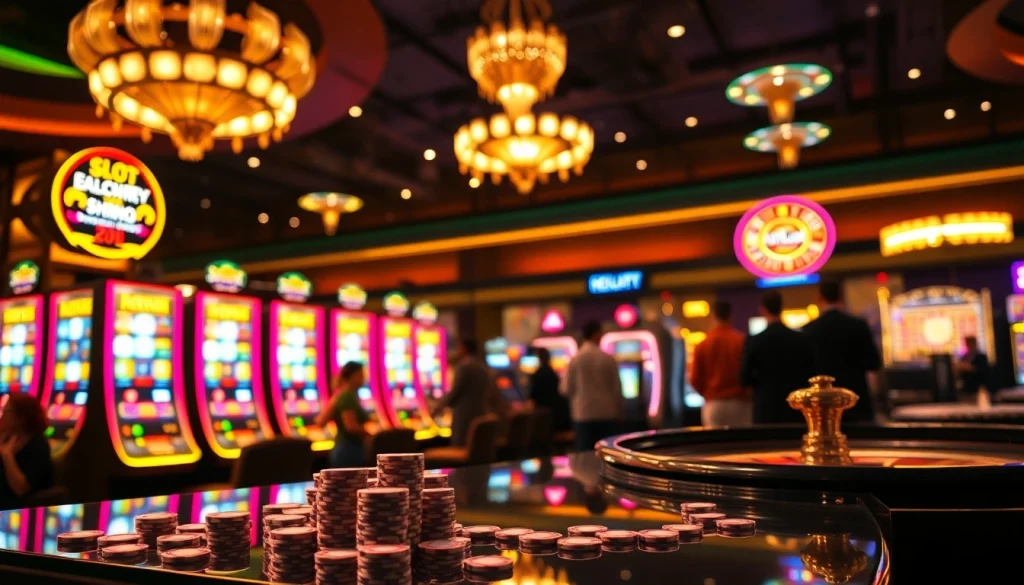 Para pemain menikmati permainan Slot Depo 5k dalam suasana kasino yang hidup dengan mesin-mesin yang berkedip.