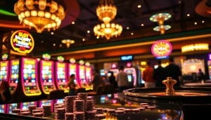 Para pemain menikmati permainan Slot Depo 5k dalam suasana kasino yang hidup dengan mesin-mesin yang berkedip.