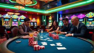 Players engaging in a thrilling poker game at a luxurious bk8thai casino with colorful chips and cards.
