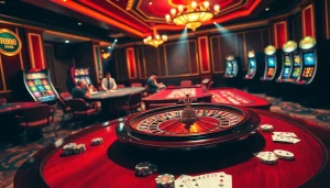 Experience the thrill of RR88 with a vibrant casino scene showcasing roulette, poker, and slot machines.