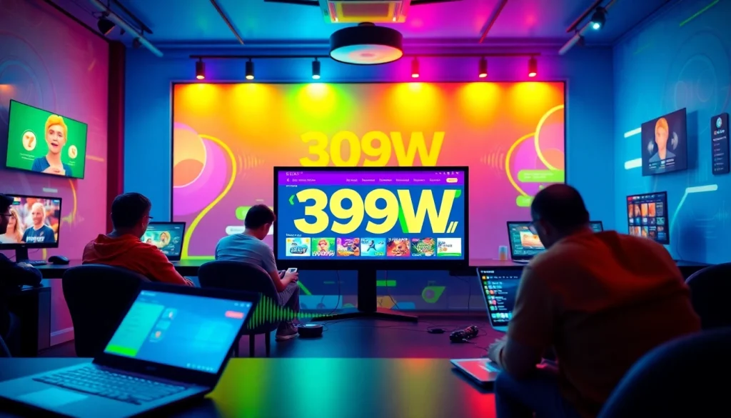 Engaging online gaming scene showcasing 399W platform with users interacting and vibrant visuals.