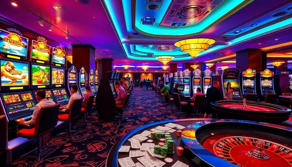 Experience the thrill of slot api raja 88 with vibrant machines and excited players in a casino.