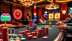 Engaged players at a casino table with king88 chips and a roulette wheel in an elegant setting.