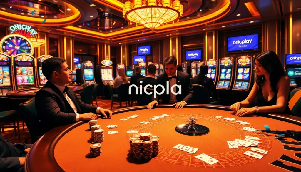 Experience the thrill of gaming with onicplay in a vibrant casino scene featuring poker tables and slot machines.