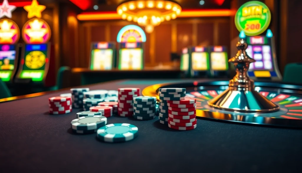 Experience the excitement of Kingfun gaming with vibrant poker chips and a glowing roulette wheel.