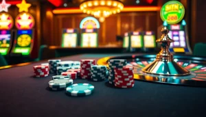 Experience the excitement of Kingfun gaming with vibrant poker chips and a glowing roulette wheel.