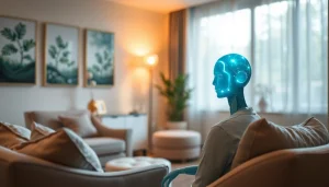 Engaging AI therapy assistant providing a calming environment for mental health support.