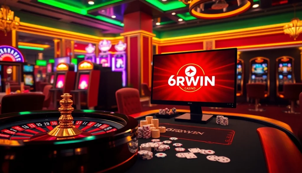 Experience the thrill of casino games with 6RWIN in a luxurious gaming environment featuring roulette and poker.