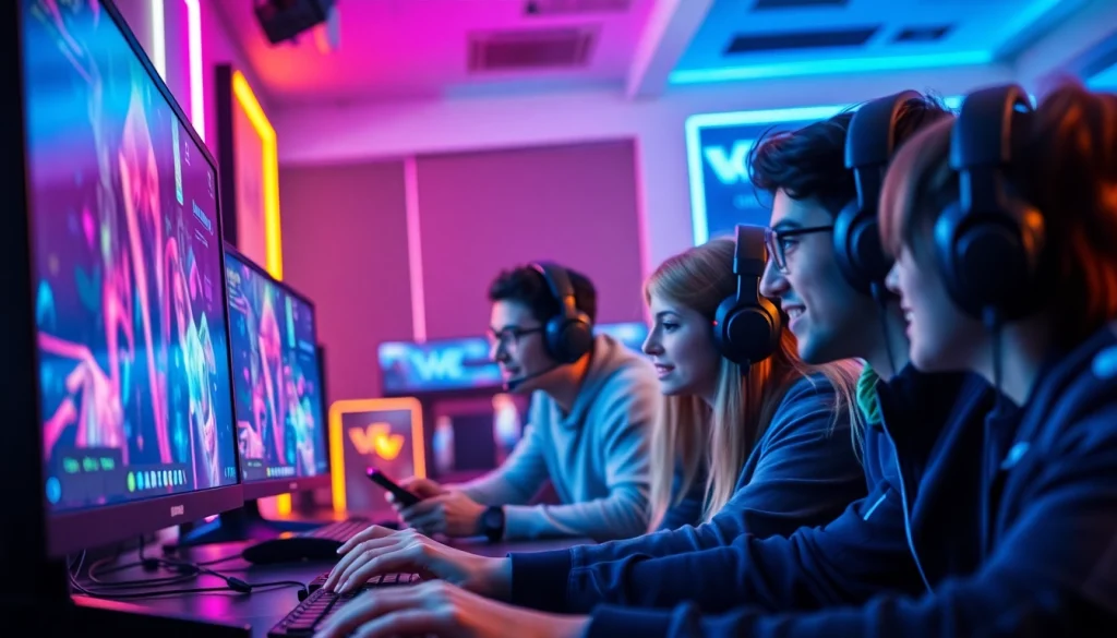 Engaging gaming scene featuring JAMETKUPROY88 with enthusiastic players and vibrant setup