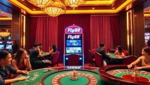 Experience the thrill of gambling at Fly88-themed casino tables and slots.