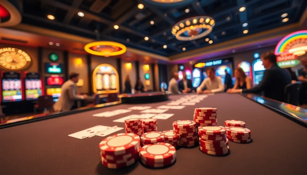 A thrilling KP88 casino gaming scene featuring poker chips, cards, and slot machines.