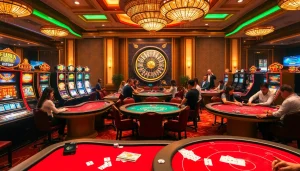 Players enjoying games at FLY88 trang chủ casino, surrounded by vibrant slot machines and betting tables.