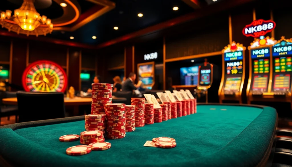 Engage in the excitement of NK88 casino gaming with vibrant tables and spinning roulette wheels.