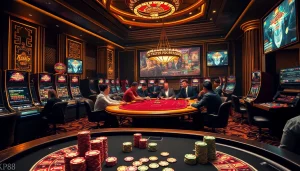 Exciting gaming scene at nhà cái kp88 featuring poker, roulette, and vibrant slot machines.