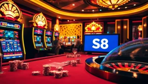 Experience the thrill of gambling at a luxurious casino table with S8 betting options and vibrant slot machines.