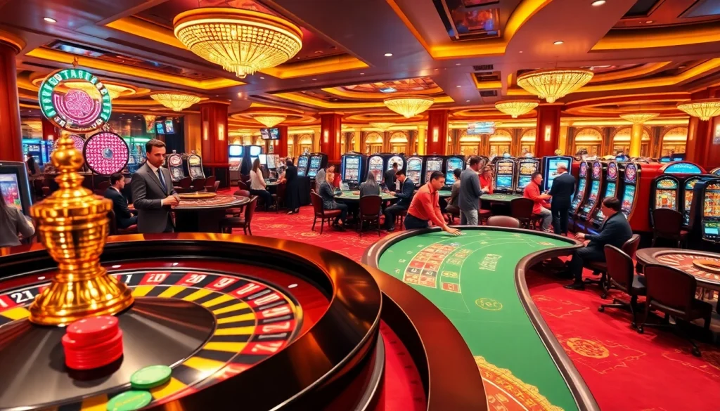 Engaging plus777 casino scene showcasing vibrant tables, colorful chips, and dynamic slot machines.