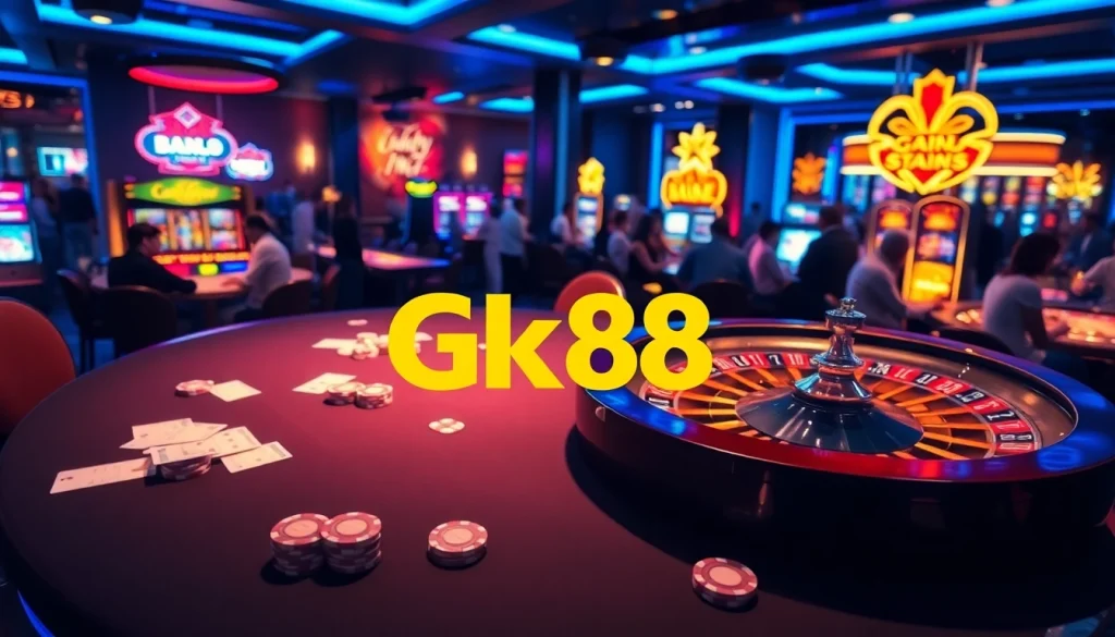 Gk88 players enjoying a thrilling casino experience with poker chips and cards.