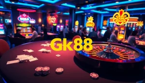 Gk88 players enjoying a thrilling casino experience with poker chips and cards.