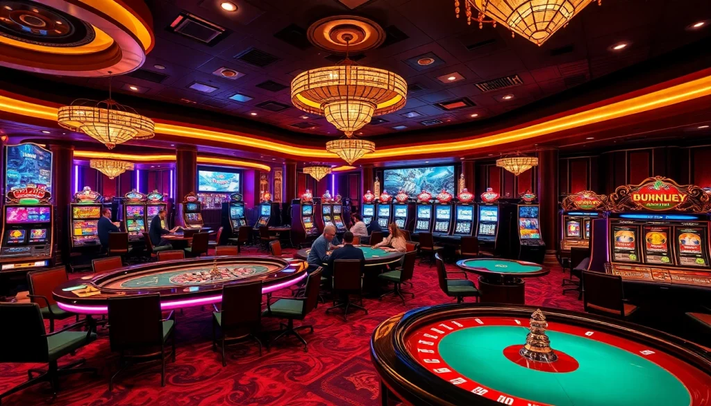 K9K9 casino scene showcasing luxurious poker tables, vibrant roulette wheel, and dynamic slot machines.
