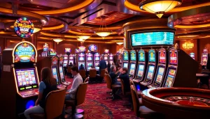 Players thrillingly engage with vibrant slot machines in a luxurious casino ambiance.