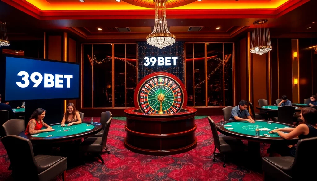 Gambling excitement at 39BET casino with vibrant roulette wheel and elegant poker tables.