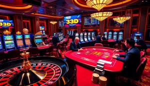 A vibrant and luxurious casino scene showcasing 33BD poker tables and roulette wheels with enthusiastic players.