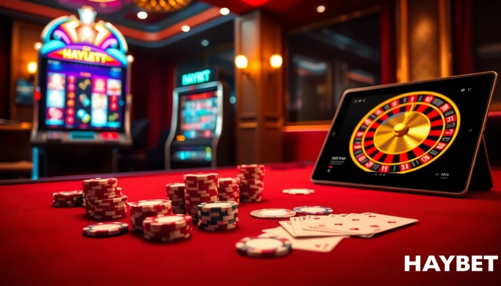 Experience the excitement of HAYBET casino with vibrant gaming tables and luxurious slot machines.