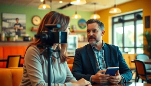 Tampa Free Press journalist interviews a local business owner in a vibrant café.