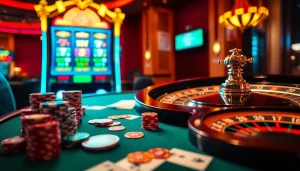 Experience the excitement of bomwin with a luxurious casino setting featuring vibrant table games and slot machines.