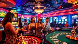 Exciting gameplay at Luckywin casino showcasing vibrant slot machines and poker tables.