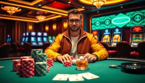 Gambler in an Essentials Tracksuit playing poker in an upscale casino setting with vibrant decorations.