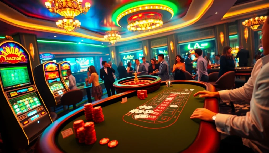 Experience the thrill of gambling at the NK88 blackjack table with vibrant lights and players.