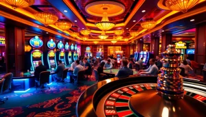 MMOO-themed poker chips and vibrant players enjoying a casino gaming floor atmosphere.