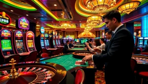 Exciting casino experience showcasing KP88 with vibrant tables and eager players engaged in gambling.