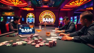 Experience SA88's thrilling poker gameplay in a vibrant casino setting with colorful chips and a roulette wheel.