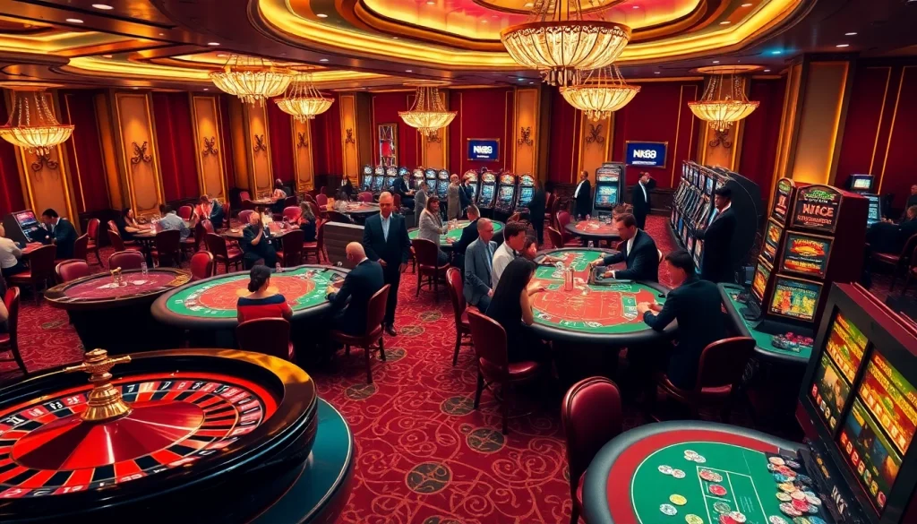 Excited players engaging at a luxurious casino scene featuring NK88 games and vibrant roulette tables.
