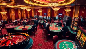 Excited players engaging at a luxurious casino scene featuring NK88 games and vibrant roulette tables.