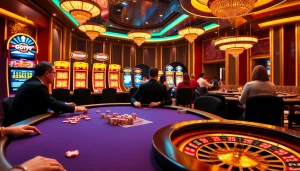 Players enjoying a game at a luxurious GO99-themed online casino table filled with vibrant poker chips.