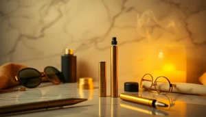 PECAH837 disposable vape pen displayed elegantly in a modern setting with soft gold tones and ambient lighting.