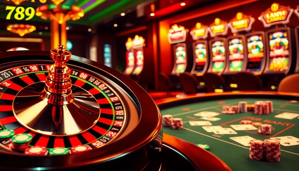 Experience the thrill of winning at trang chủ 789bet, featuring vibrant casino games and a roulette wheel.