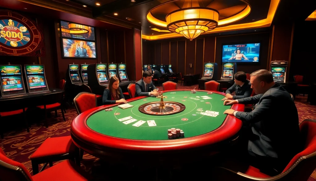 SODO-themed casino with players at a poker table, vibrant slot machines in the background.