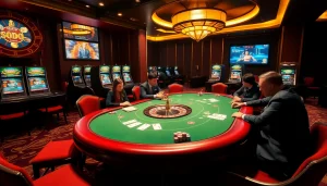 SODO-themed casino with players at a poker table, vibrant slot machines in the background.