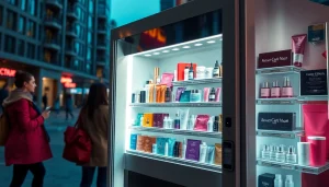 Beauty vending machine displaying an array of skincare and cosmetics in an urban setting.