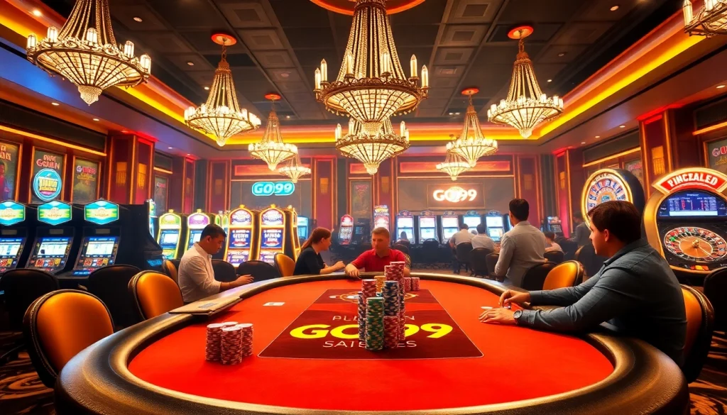 Players enjoy a thrilling game at the GO99 poker table in a luxurious casino ambiance.