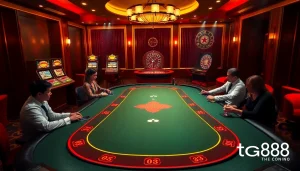 Experience the thrill of high-stakes poker at tg88 casino, showcasing luxury tables and players.