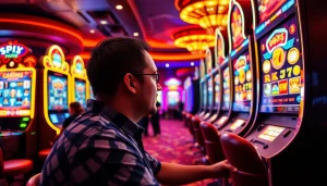เล่น pg slot เว็บตรง บนตู้สล็อตในคาสิโนที่เต็มไปด้วยแสงสว่างและสีสัน