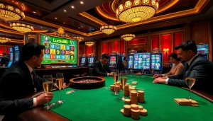 Experience high-stakes action at Luck88 Casino featuring poker tables and slot machines amidst a luxurious atmosphere.