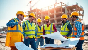 Collaborative efforts in careers in construction on a busy site with blueprints and tools.